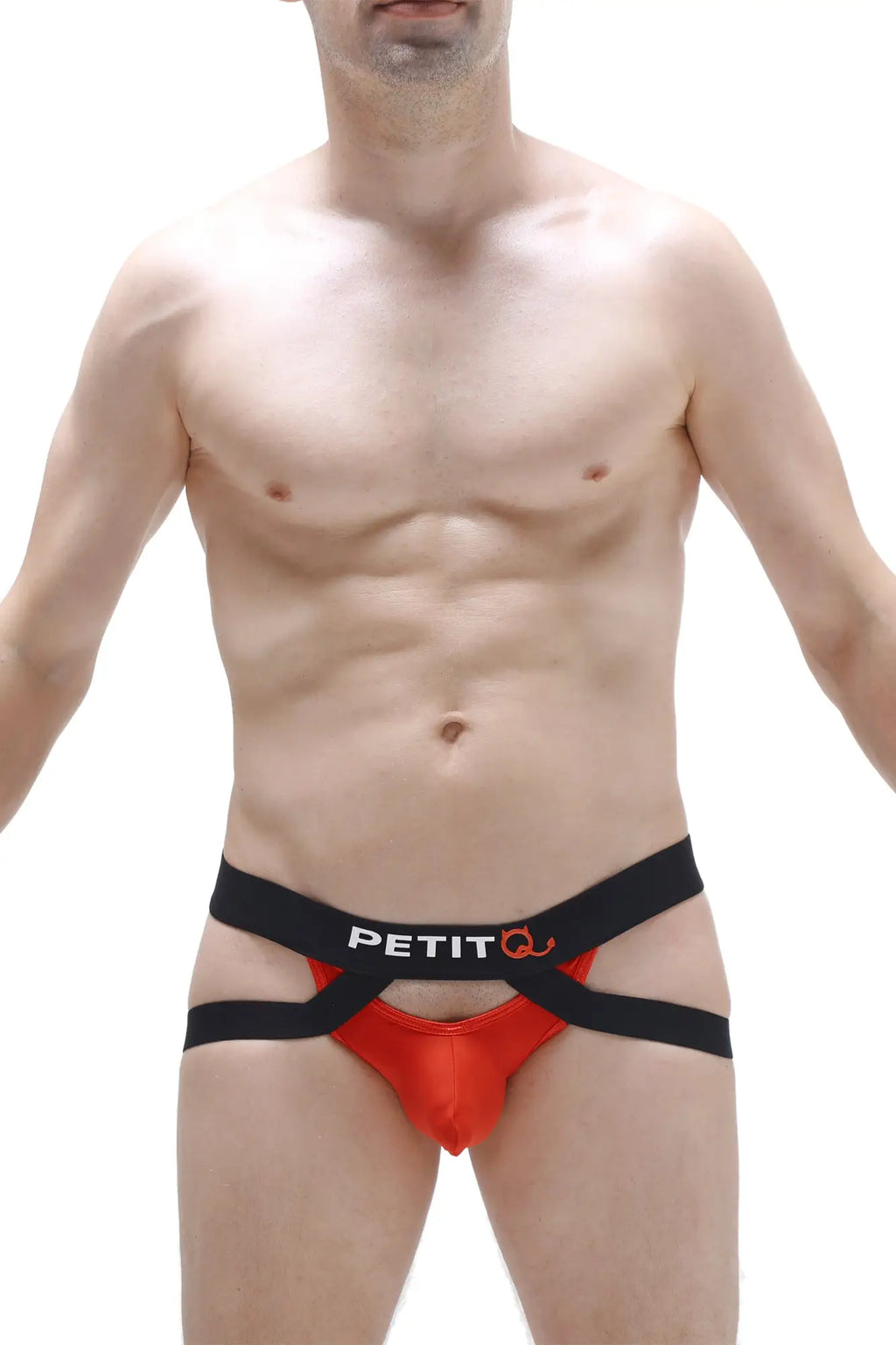 Red and black petitq jockstring brest men’s briefs with distinctive crisscross design for comfortable support