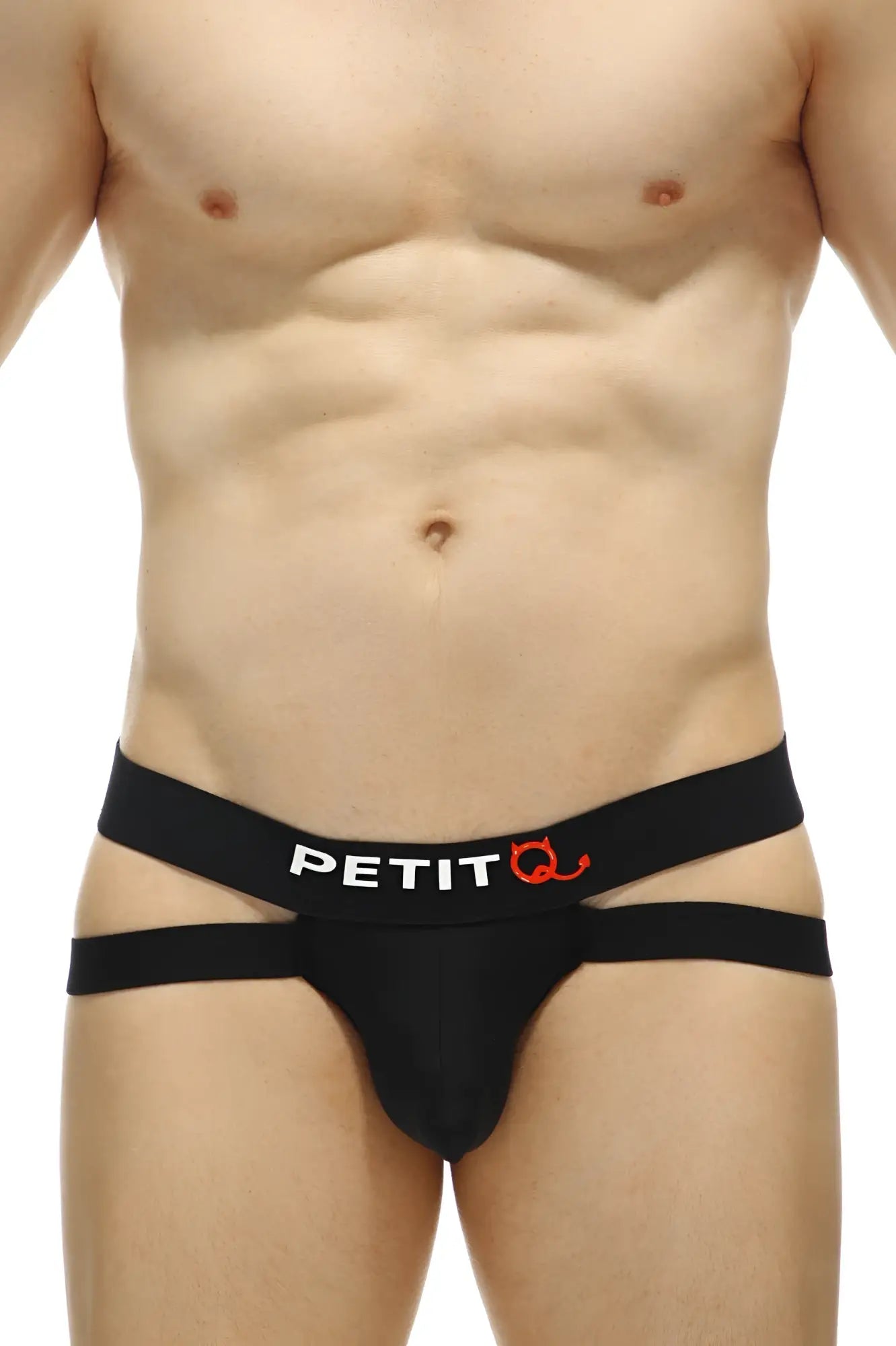 Black petitq jockstring briefs with a bold white and red logo waistband designed for comfortable support