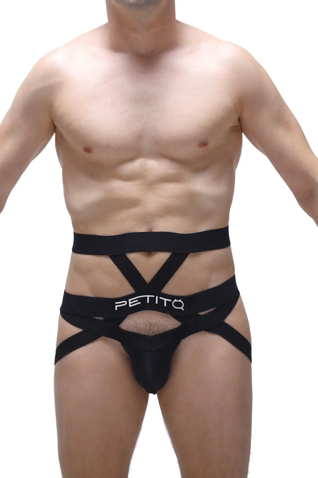 Black petitq jockstring bustic men’s strappy briefs with bold crisscross design, front view
