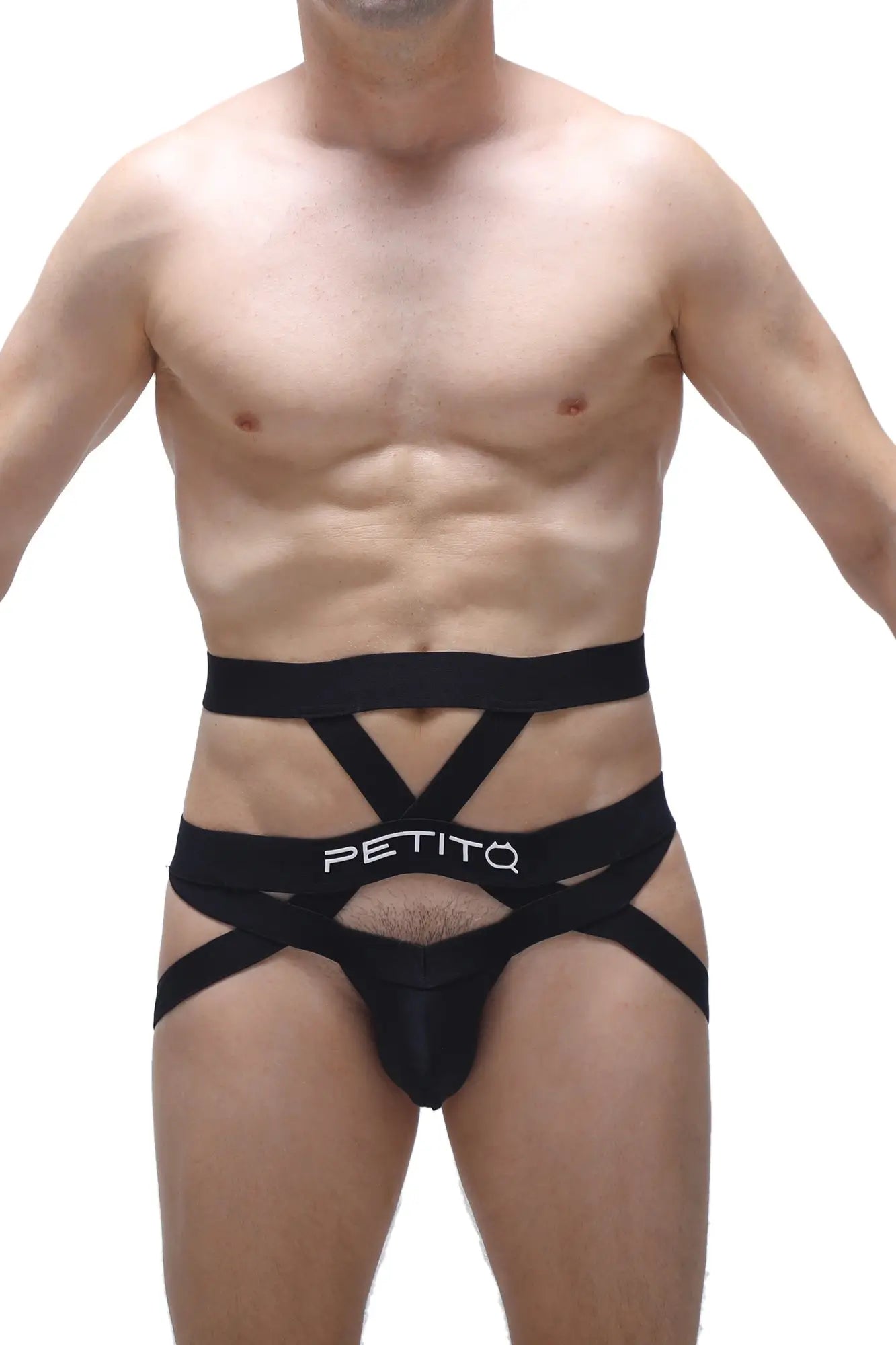 Black petitq jockstring bustic men’s strappy briefs with bold crisscross design, front view