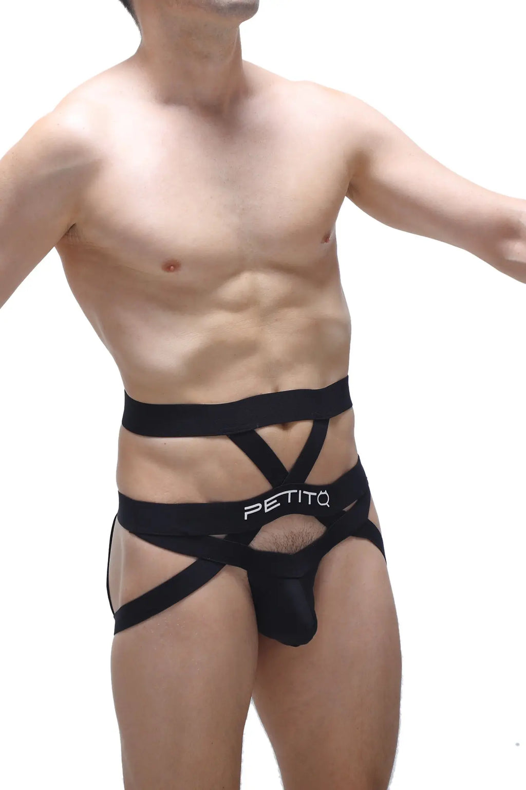 Black petitq men’s strappy jockstring bustic briefs with crisscross design and mesh paneling for a bold look