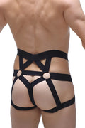Black elasticated harness with crisscross straps and circular metal rings from petitq jockstring bustic collection