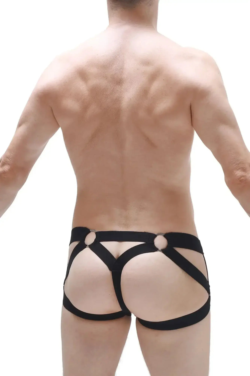 PetitQ jockstring bustic black harness-style briefs with bold strappy design and circular metal accents