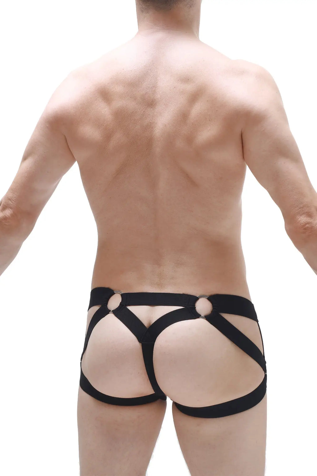 PetitQ jockstring bustic black harness-style briefs with bold strappy design and circular metal accents
