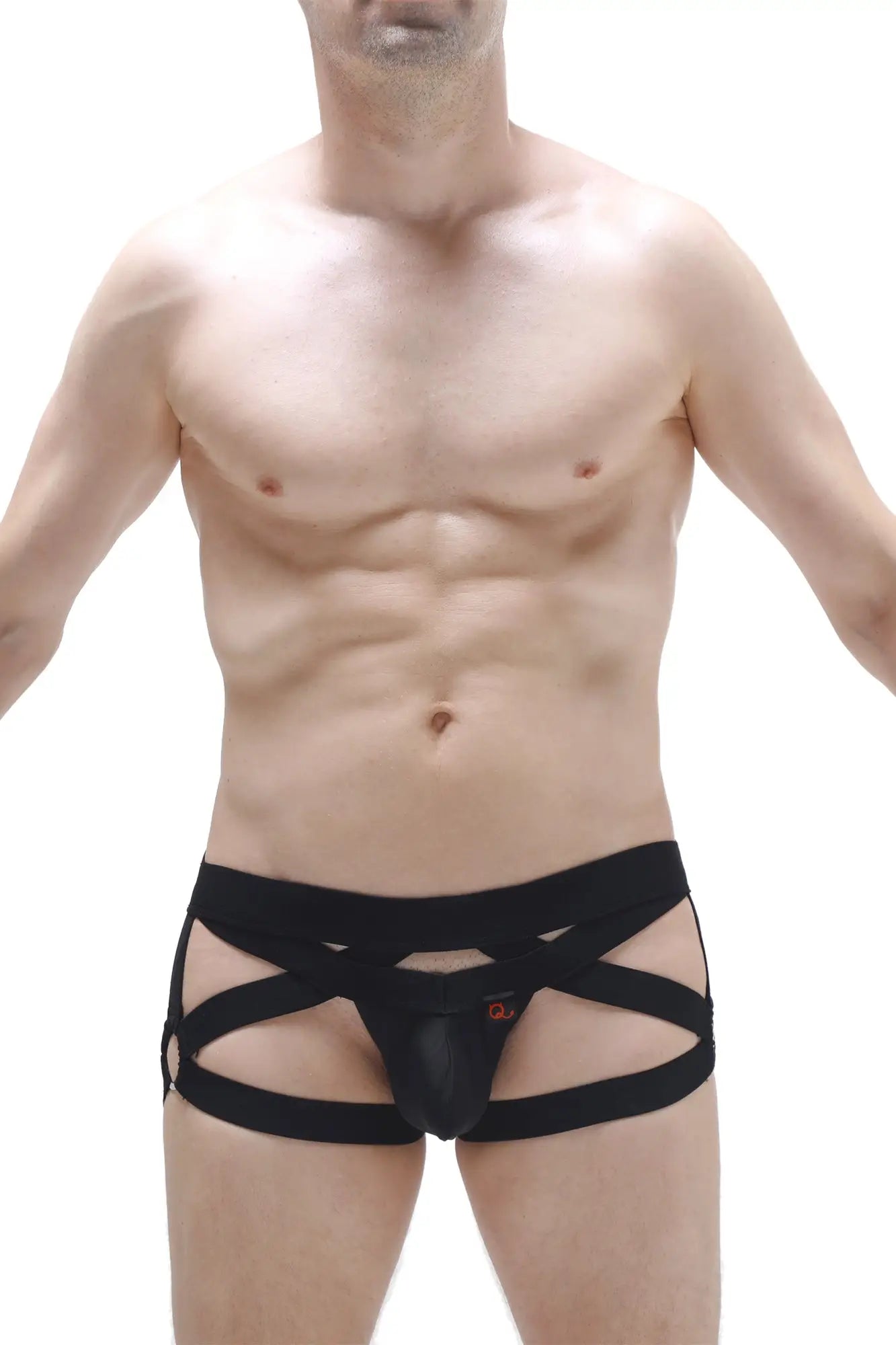 Black lace-up briefs with supportive strappy design from petitq jockstring bustic black shown from the back side