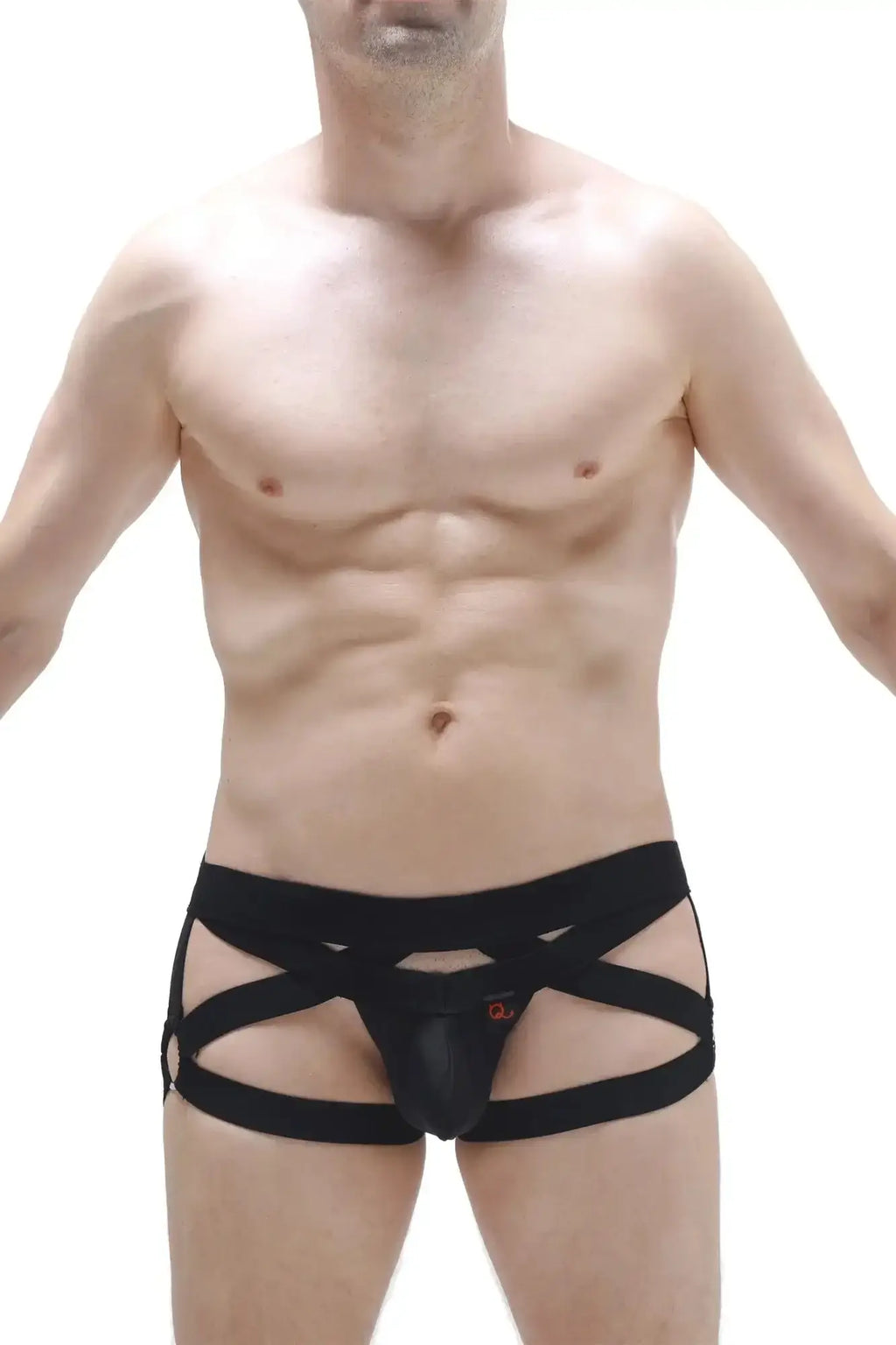 Black lace-up briefs with supportive strappy design from petitq jockstring bustic black shown from the back side