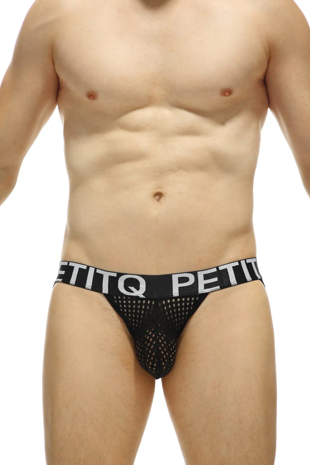 Black mesh briefs with bold white petitq logo band from petitq jockstring durtol black collection