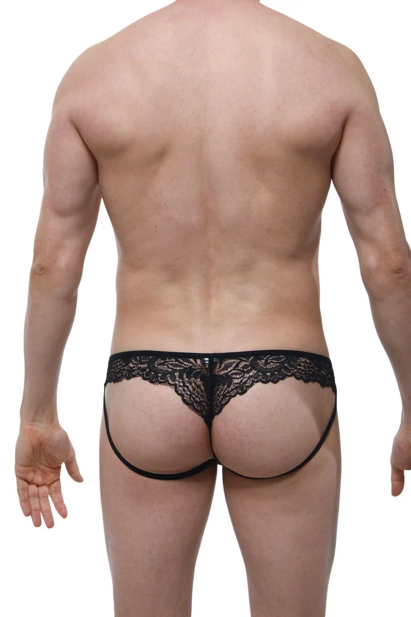 Black lace thong with intricate floral patterns and thin elastic straps from petitq jockstring lace collection
