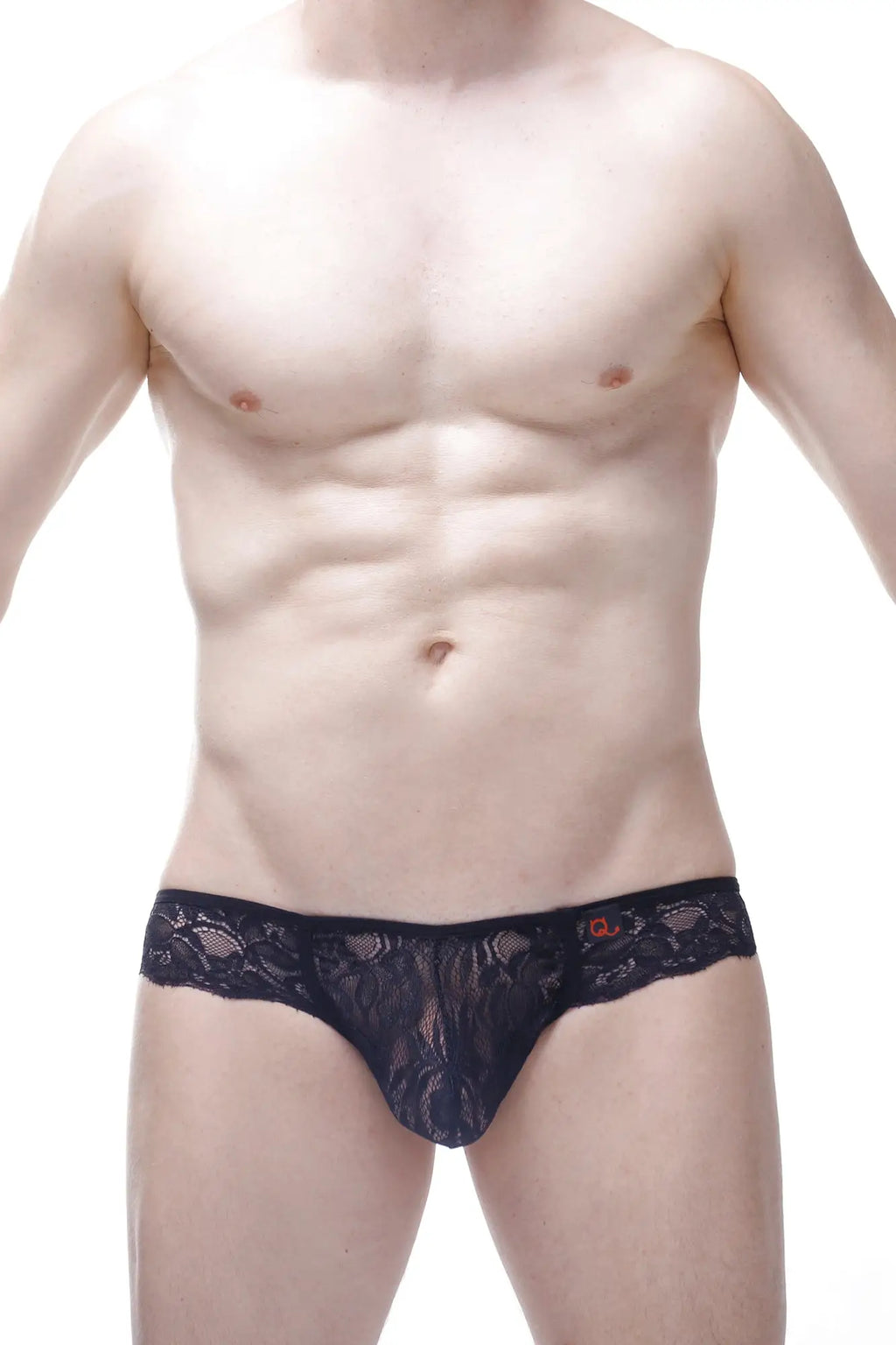 Black lace petitq jockstring lace pearls men’s underwear with delicate floral pattern and orange logo waistband