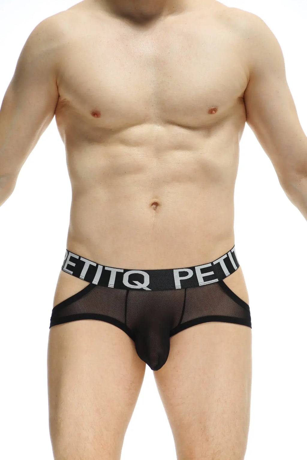 Black sheer mesh briefs with bold black waistband featuring white petitq lettering from petitq jockstring lunan net black