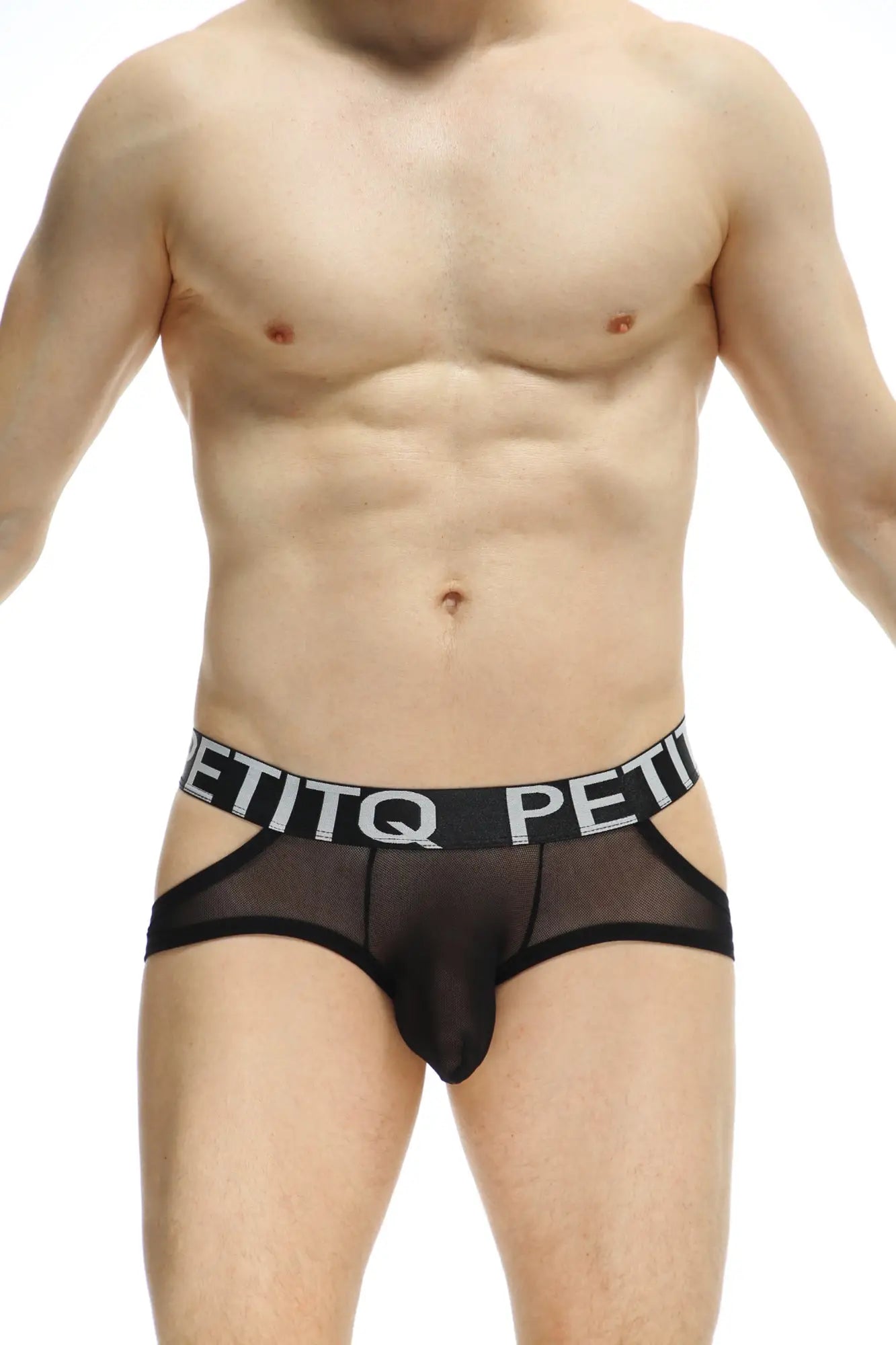Black sheer mesh briefs with bold black waistband featuring white petitq lettering from petitq jockstring lunan net black