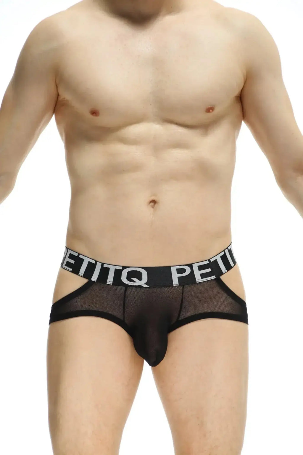 Black sheer mesh briefs with bold black waistband featuring white petitq lettering from petitq jockstring lunan net black