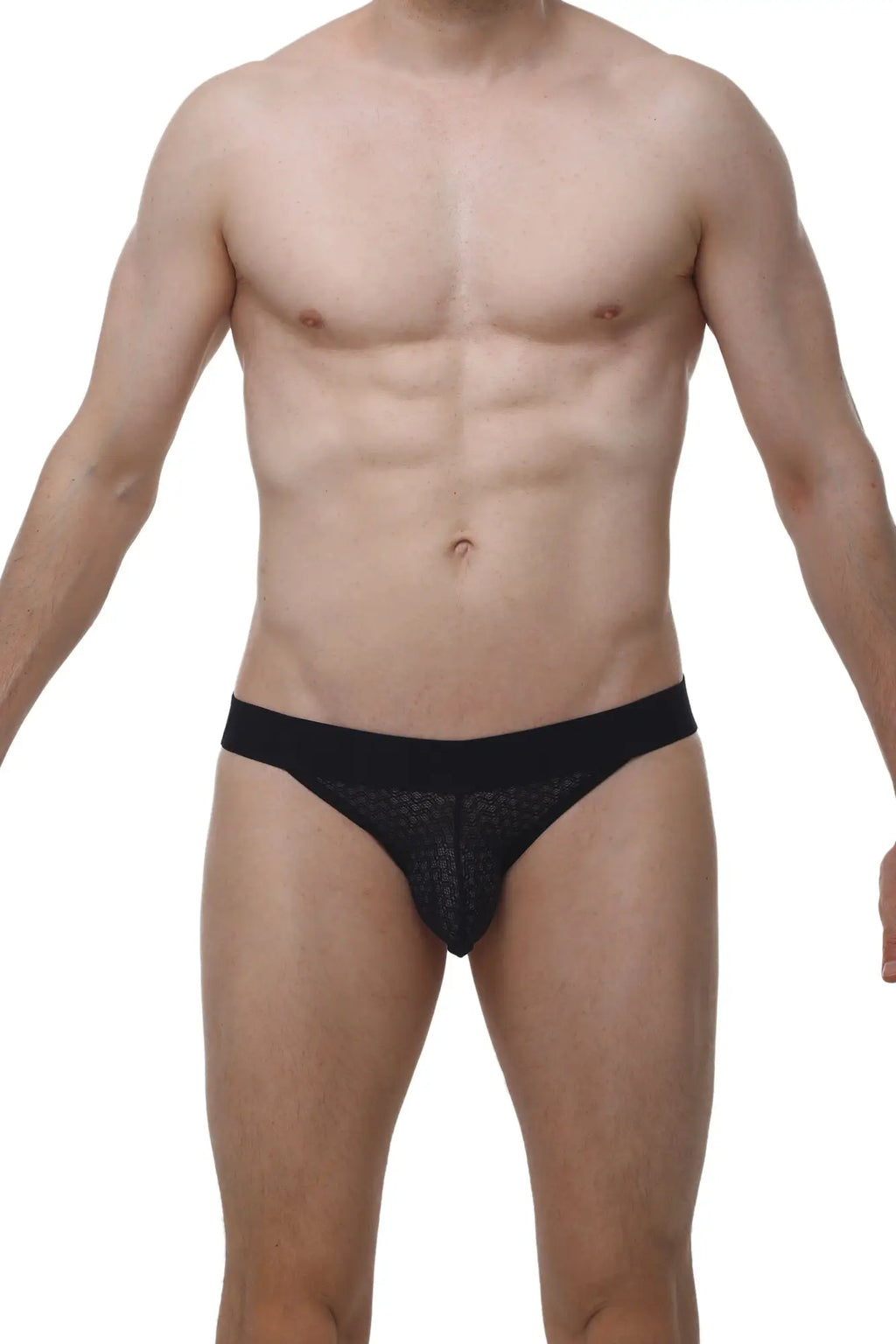 PetitQ Jockstring Macra black lace-trimmed briefs with textured sheer fabric and solid waistband front view