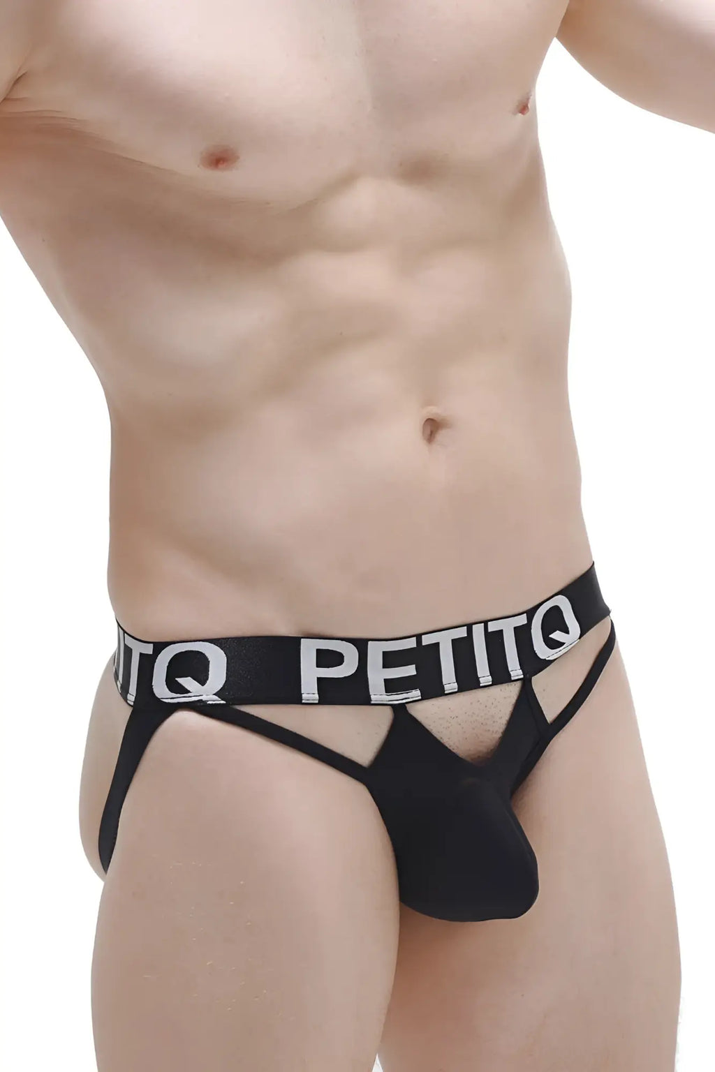 Black petitq jockstring briefs with a bold white logo band and supportive contoured design in plum black color