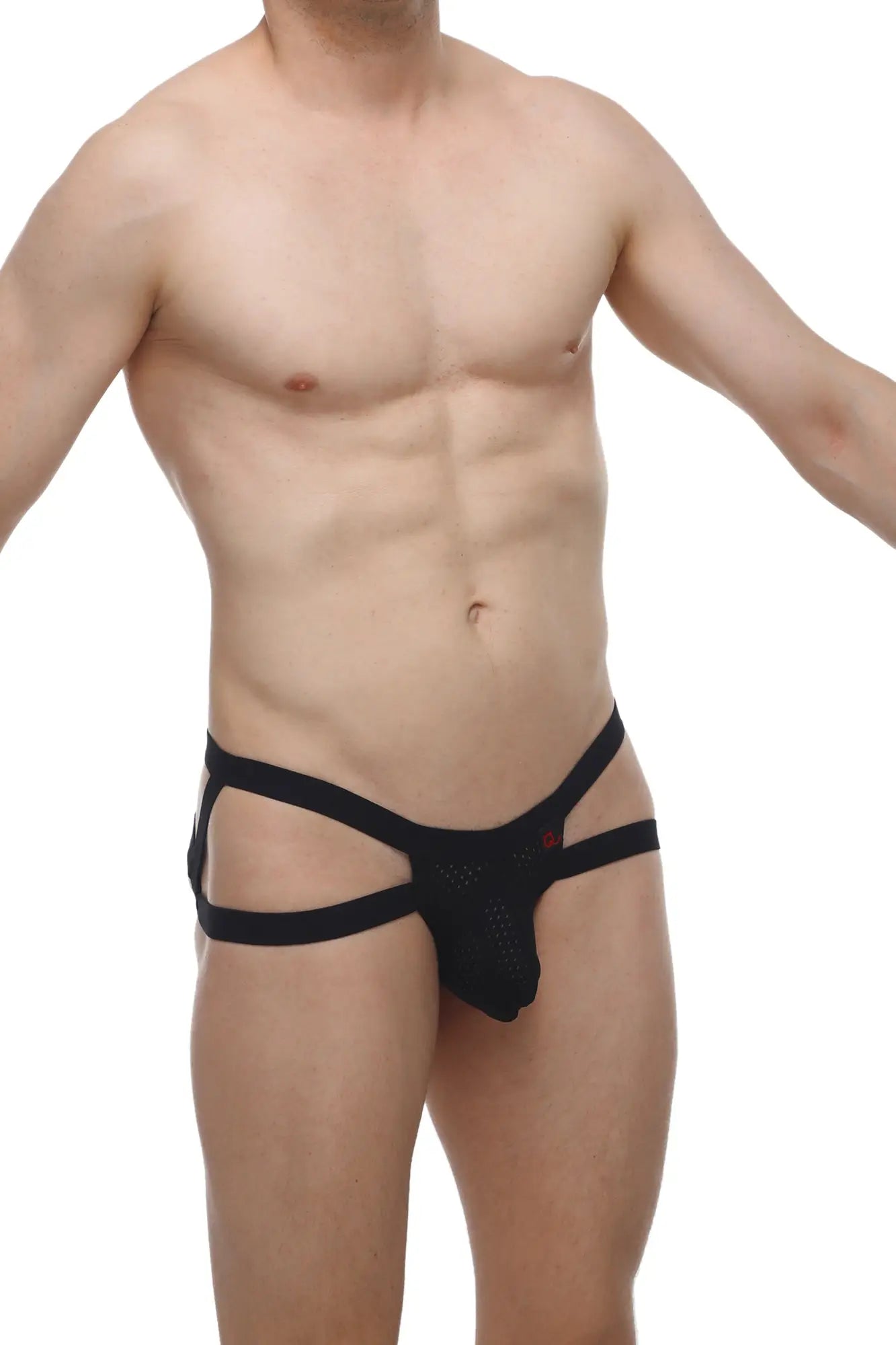 PetitQ jockstring marcq bee black mesh briefs with crisscross straps and small red logo on the side