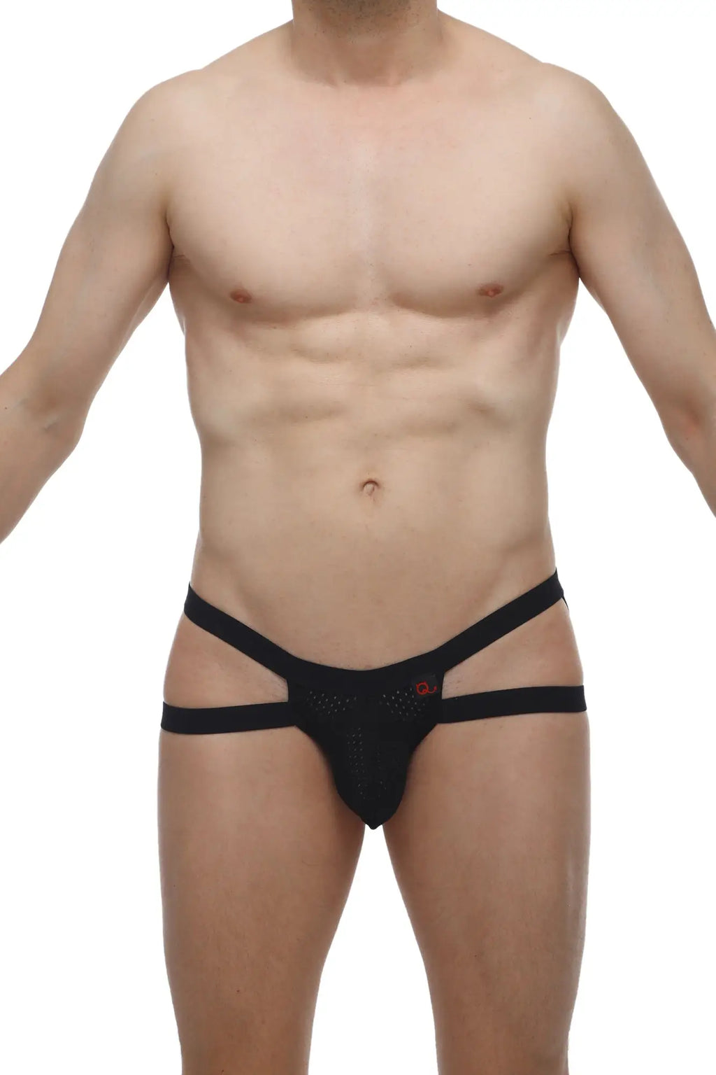 Petirq jockstring marcq bee black mesh briefs with three horizontal straps and a small red logo on the front