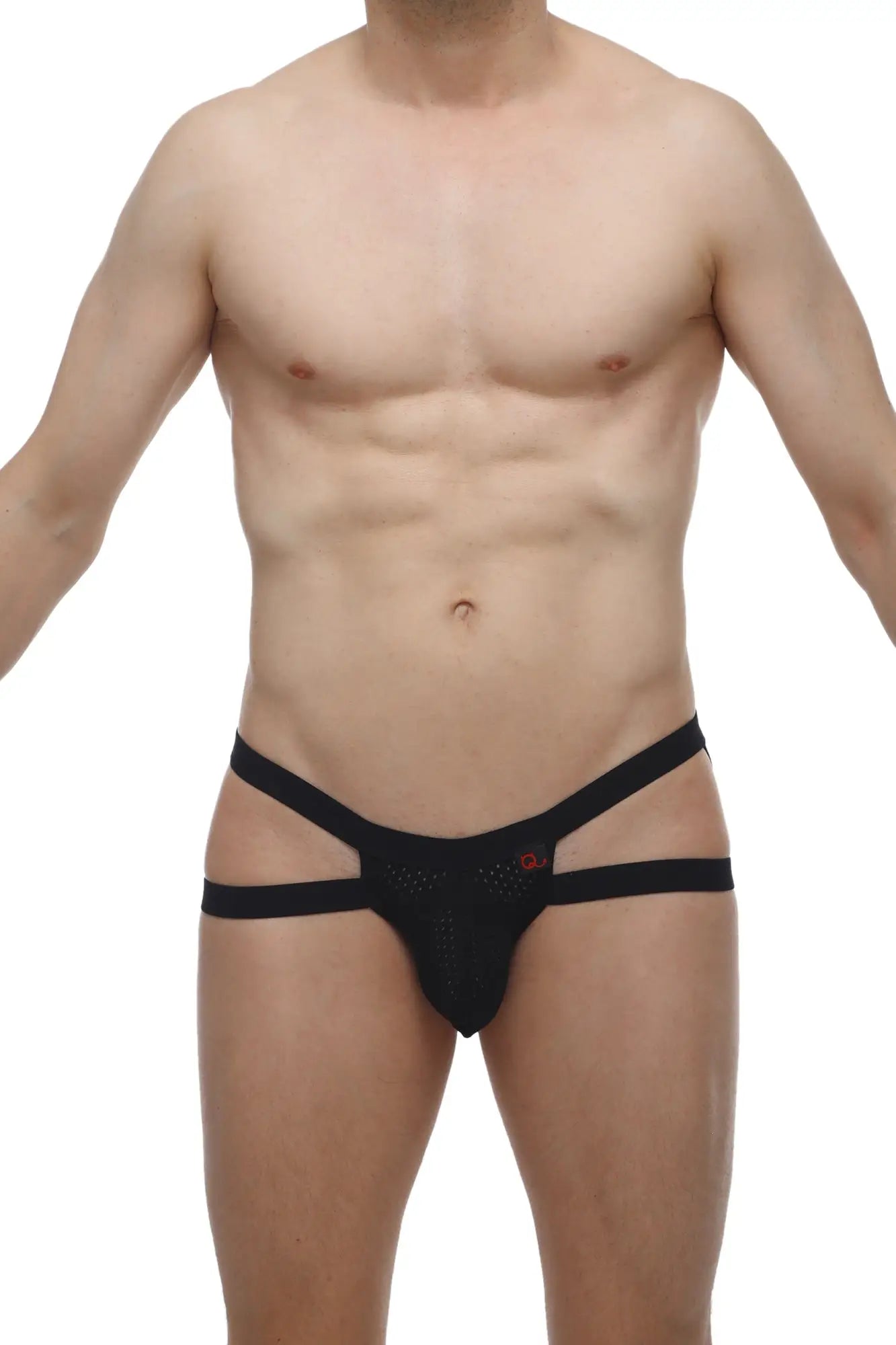Petirq jockstring marcq bee black mesh briefs with three horizontal straps and a small red logo on the front