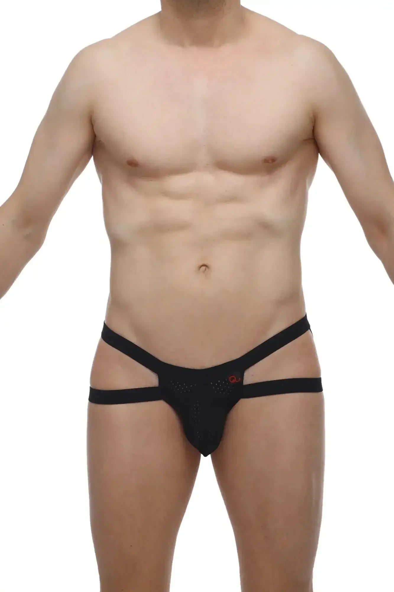 Petirq jockstring marcq bee black mesh briefs with three horizontal straps and a small red logo on the front