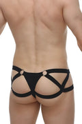 Black lace-up harness-style briefs with metallic rings by PetitQ jockstring Marcq bee black shown from the back