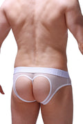Back view of petitq jockstring murzo mesh white briefs featuring white mesh fabric heart-shaped cutout and elastic waistband