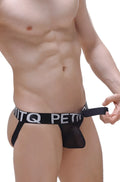 Black mesh briefs with bold white petitq logo band from petitq jockstring protruder net black collection