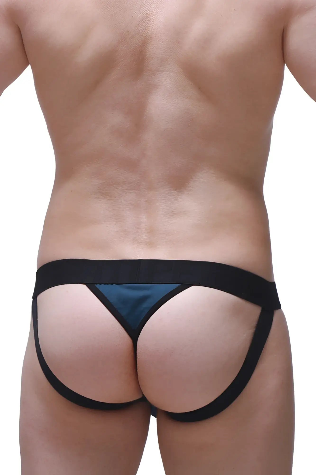 PetitQ jockstring prussian blue black and teal thong with wide waistband and leg straps shown from the back side