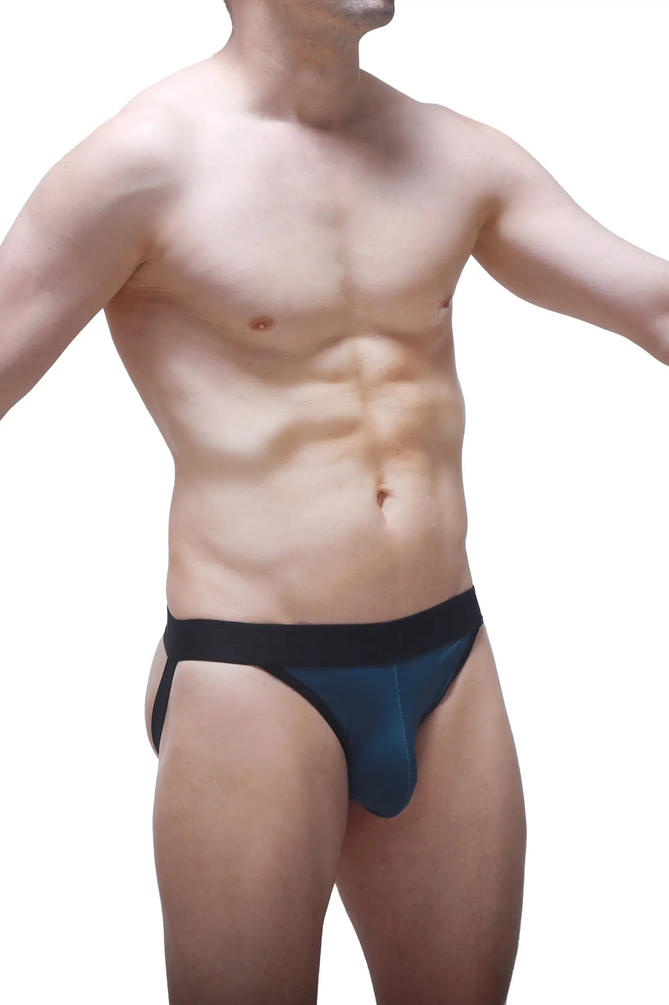 PetitQ jockstring prussian blue dark blue form-fitting briefs with contrasting black waistband front view