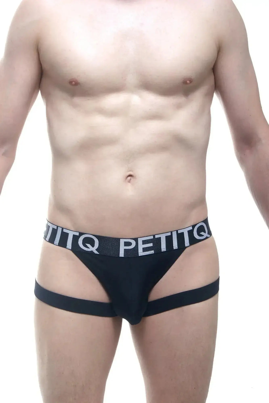 Black PetitQ jockstring briefs featuring a white logo band and supportive side straps for comfortable wear