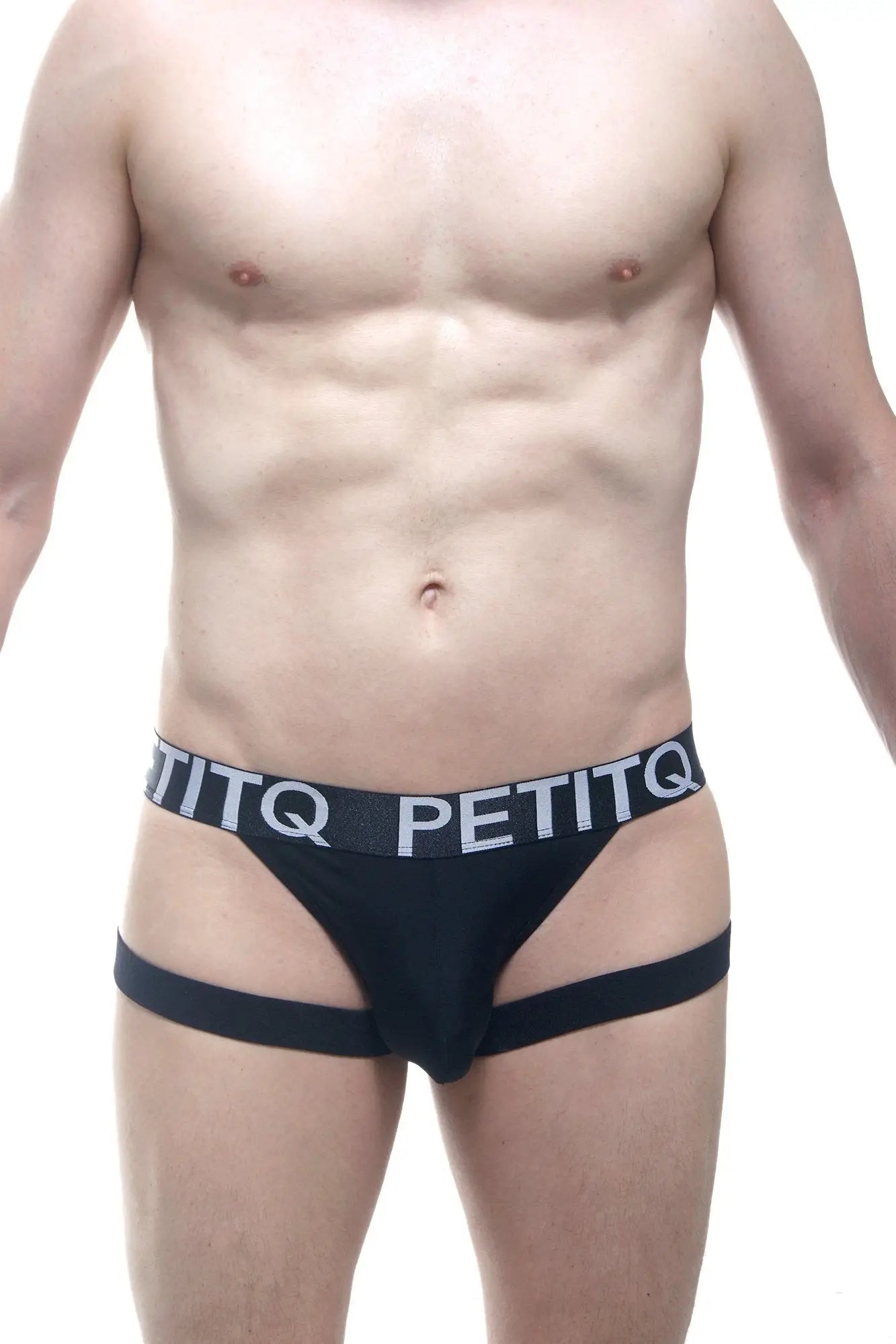 Black PetitQ jockstring briefs featuring a white logo band and supportive side straps for comfortable wear