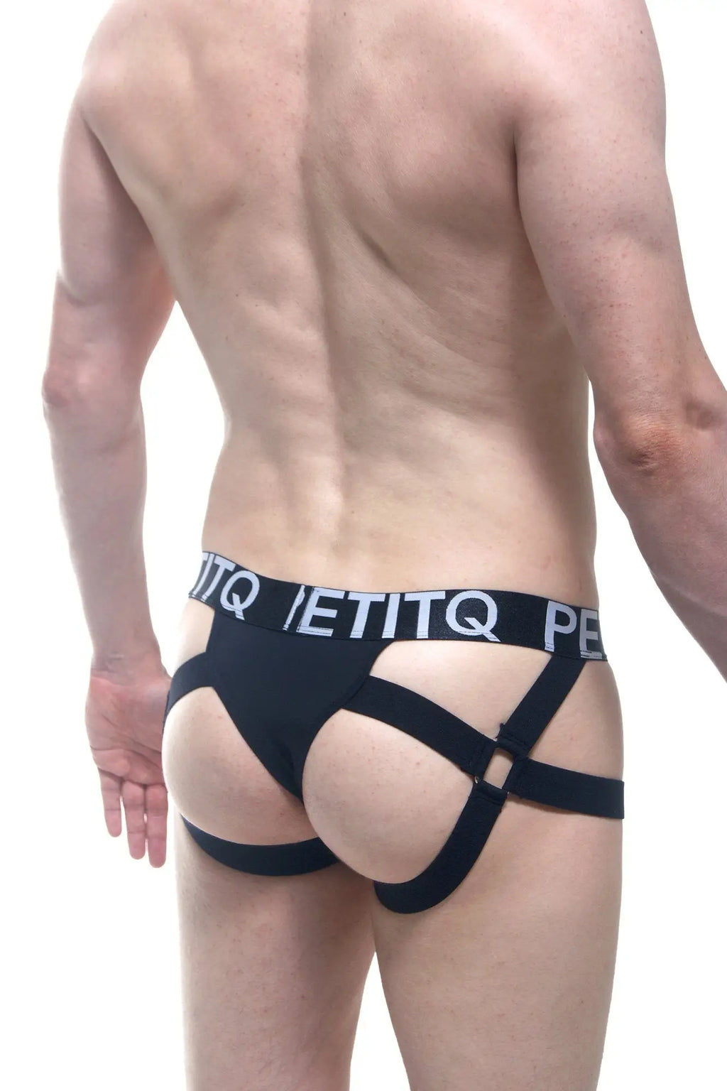 Petitq jockstring seyre black briefs with crisscross design and white lettering on waistband