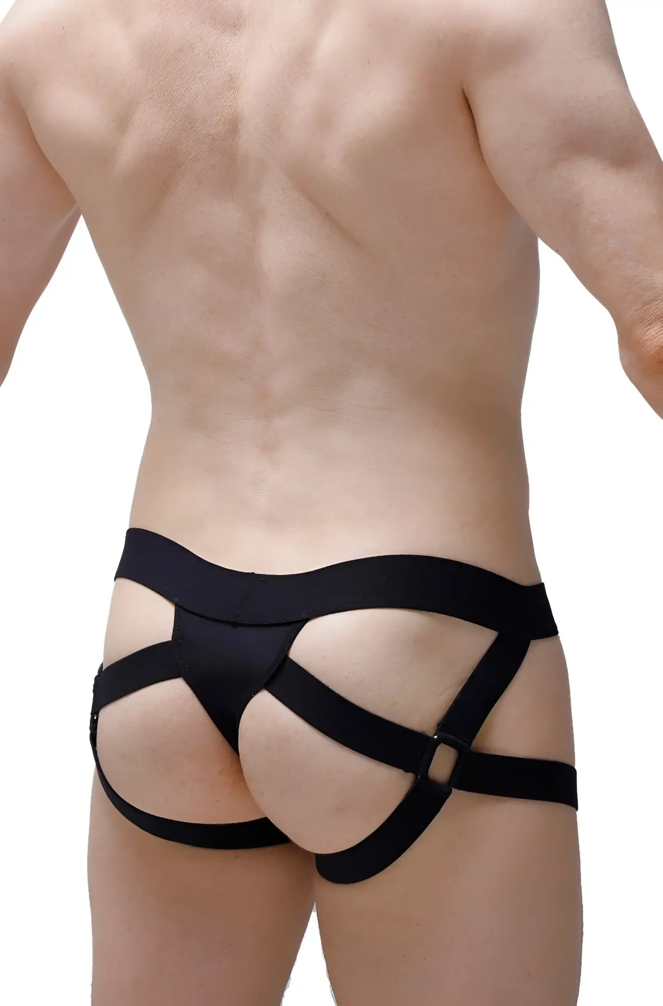 Petitq jockstring seyre black sleek form-fitting harness-style underwear with multiple straps for a modern look