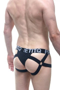 Petitq jockstring seyre black briefs with crisscross design and white lettering on waistband