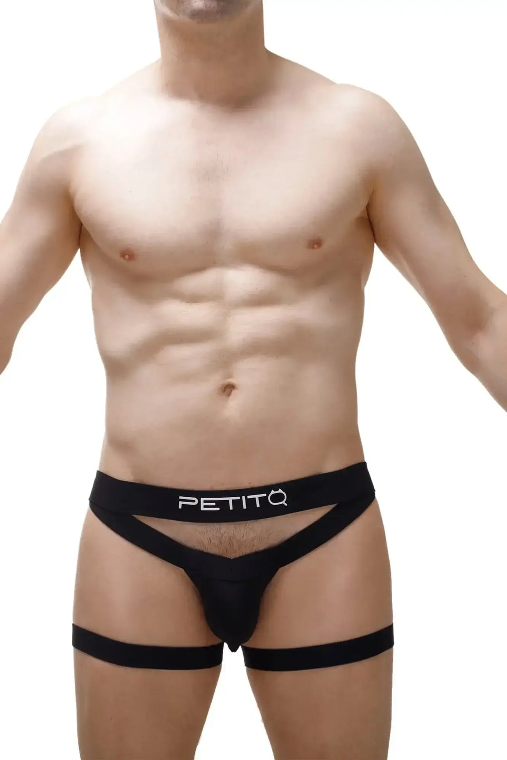 Black petitq branded men’s brief jockstring with cut-out design and leg straps for stylish 2023 underwear