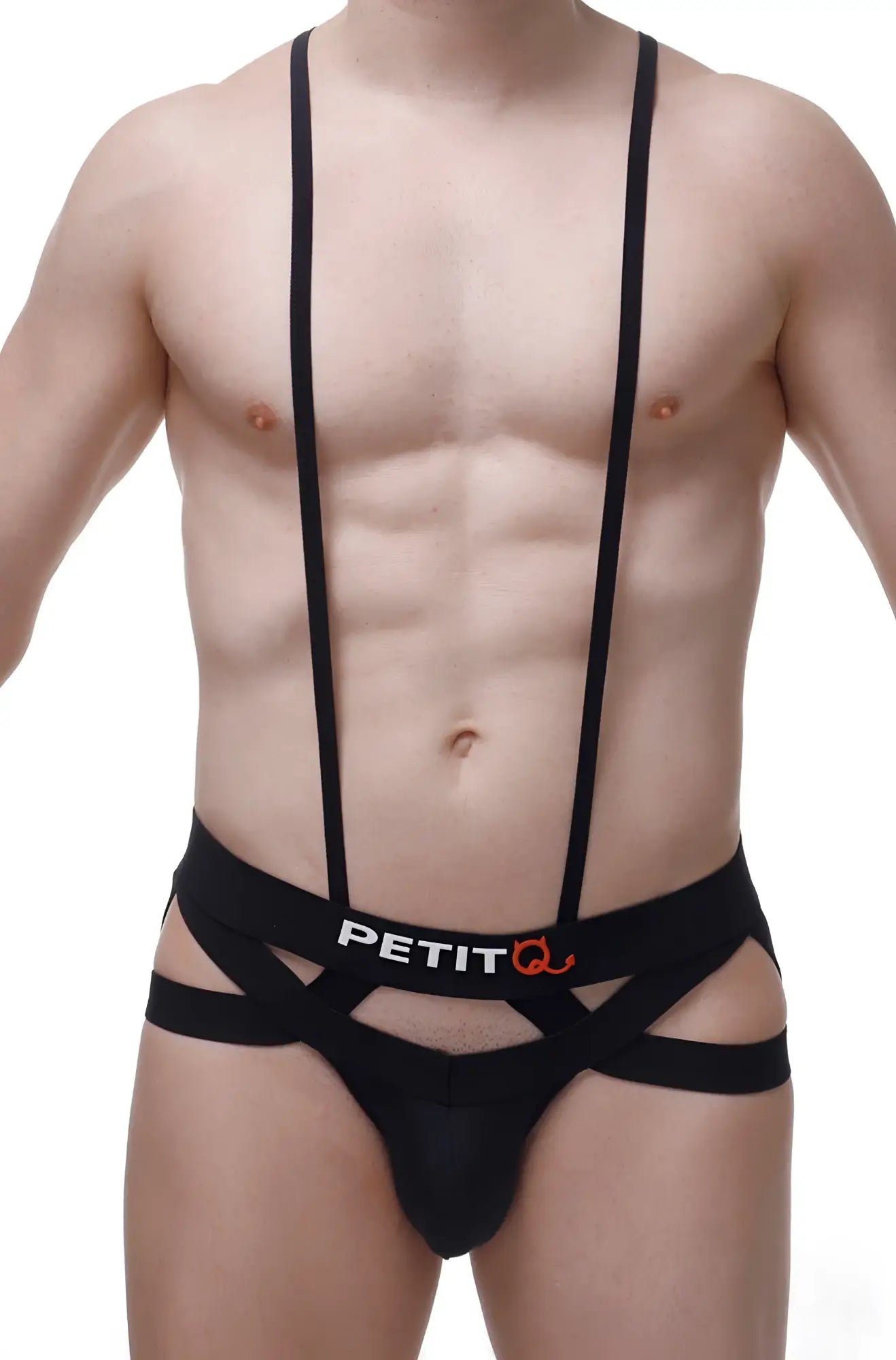 Black petitq jockstring suspenbust briefs with suspender-style crisscross straps and a sleek form-fitting design