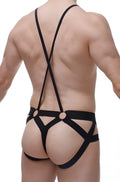Black strappy harness style briefs with crisscross back straps and circular metal rings from PetitQ Jockstring Suspenbust black