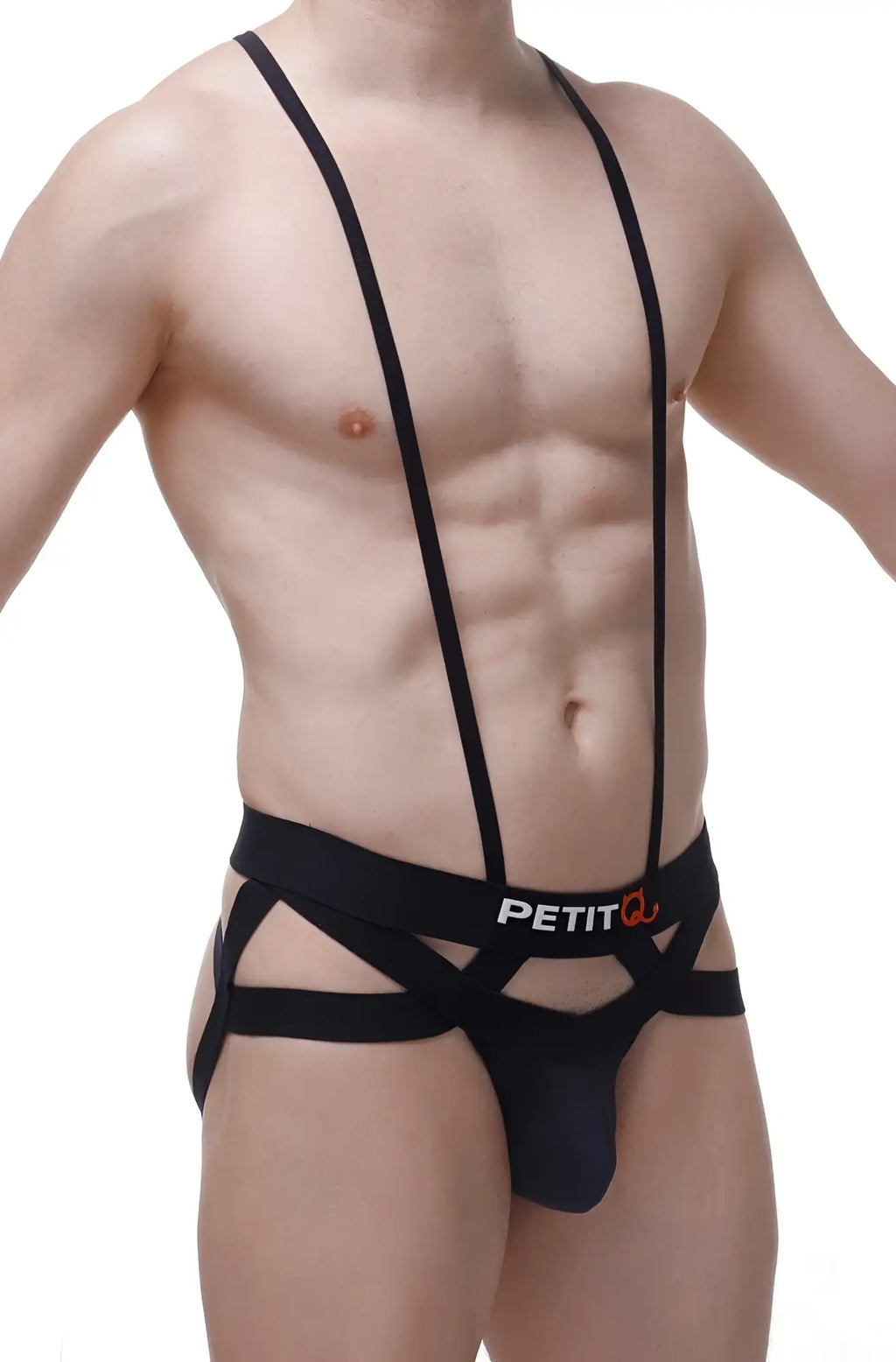 Black petitq jockstring suspender briefs with sleek form-fitting design and crisscrossing straps front view