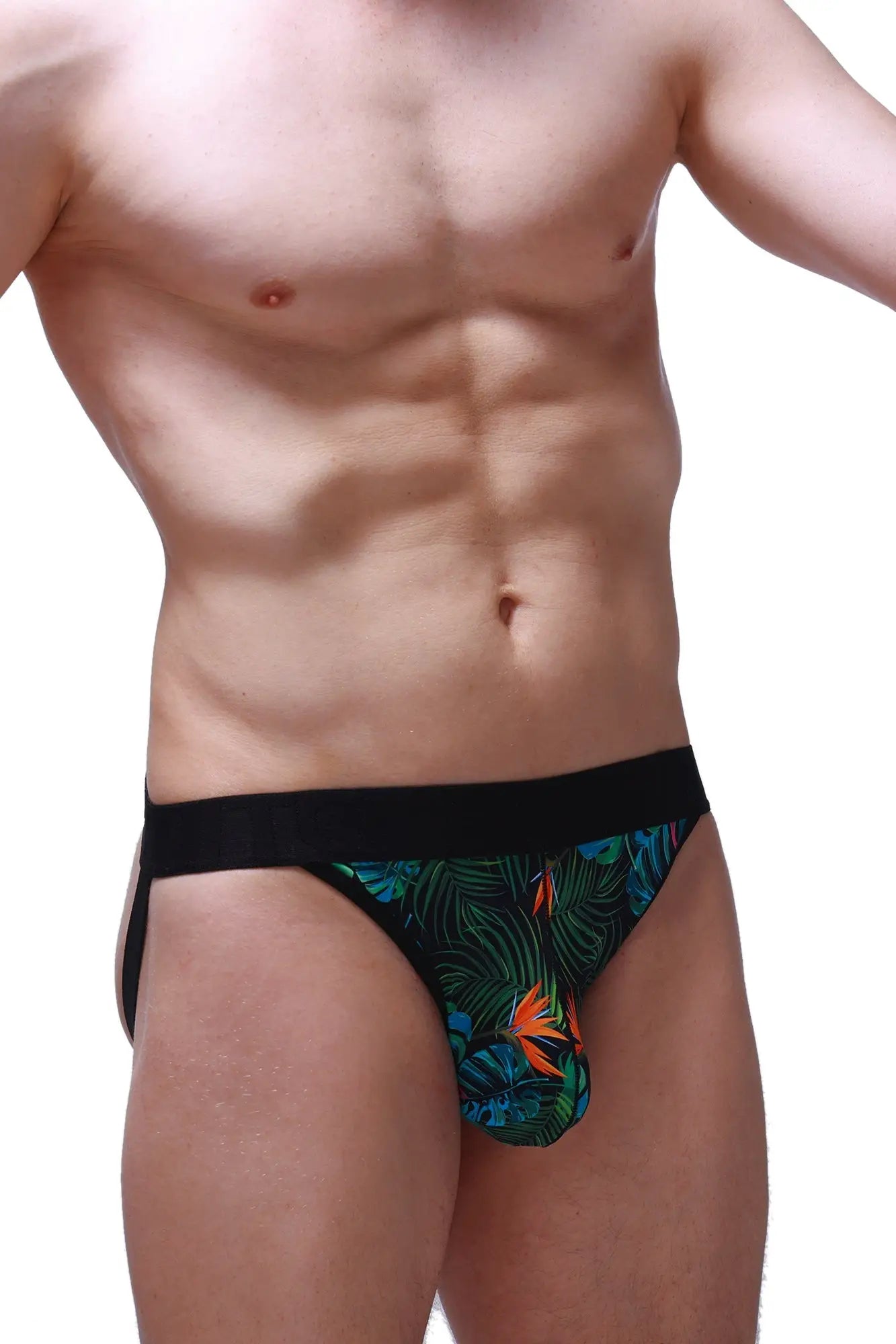PetitQ jockstring tropical briefs with black and green tropical leaf pattern and vibrant orange bird design