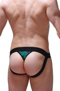 Petitq jockstring tropical black briefs with bold vibrant green and blue tropical leaf pattern for comfortable wear