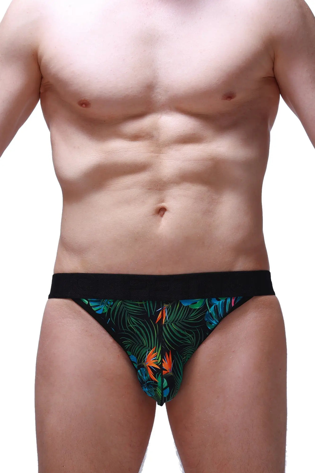 PetitQ jockstring tropical black briefs with vibrant green blue and orange tropical leaf and bird pattern