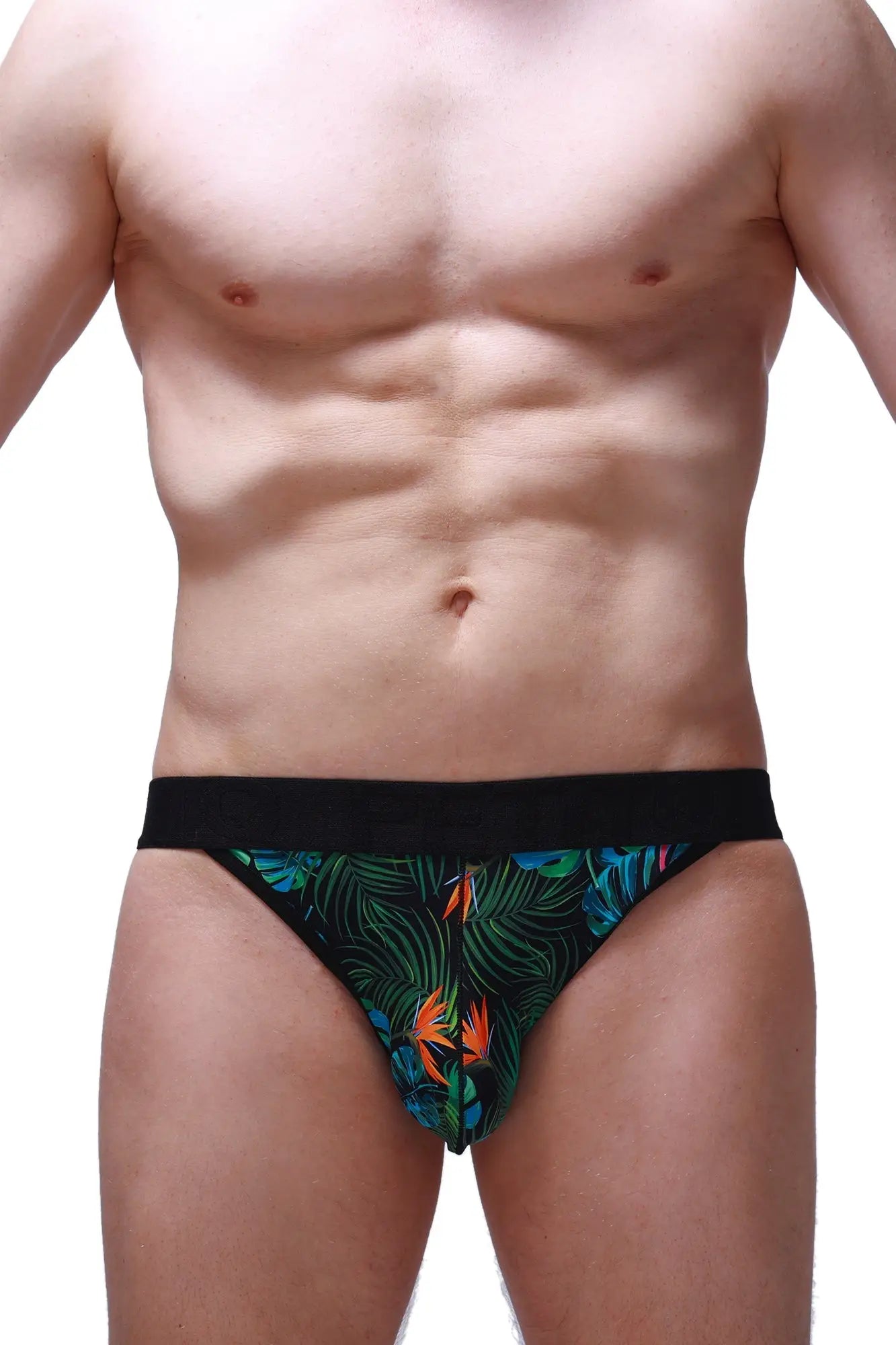 PetitQ jockstring tropical black briefs with vibrant green blue and orange tropical leaf and bird pattern