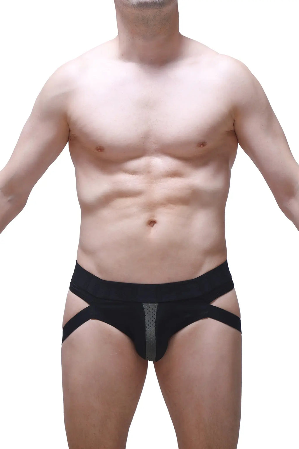 Petitq jockthong barie bee green black athletic briefs with central gray mesh panel and diagonal side straps