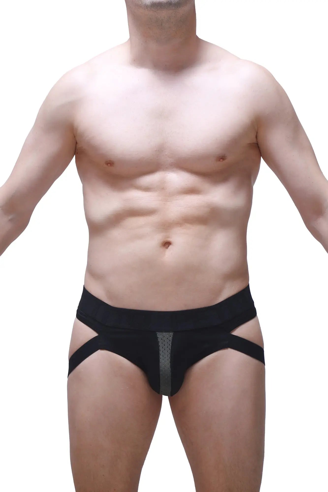 Petitq jockthong barie bee green black athletic briefs with central gray mesh panel and diagonal side straps