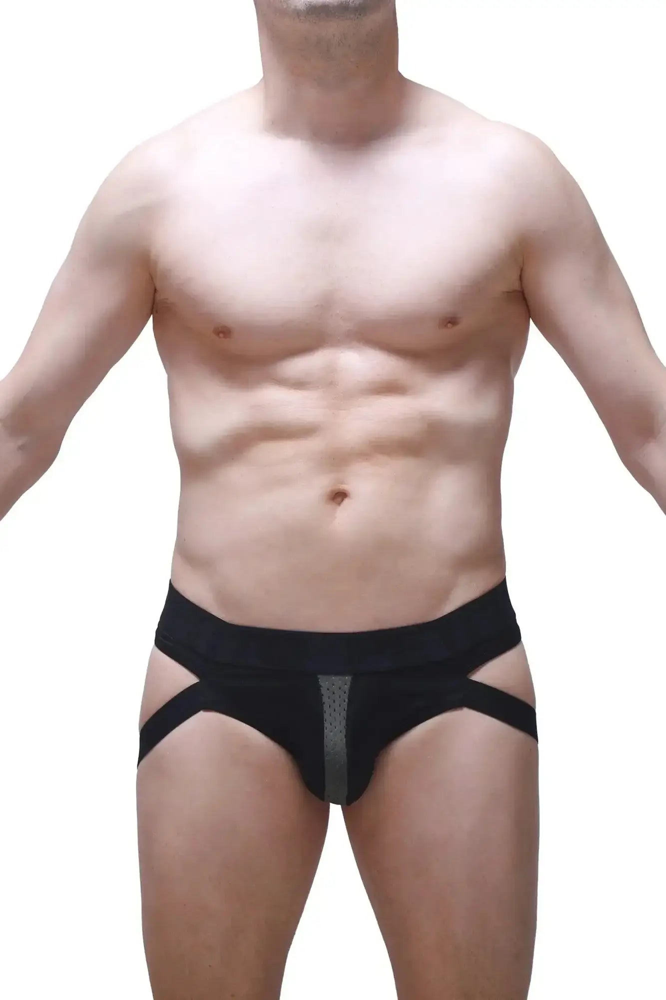 Petitq jockthong barie bee green black athletic briefs with central gray mesh panel and diagonal side straps