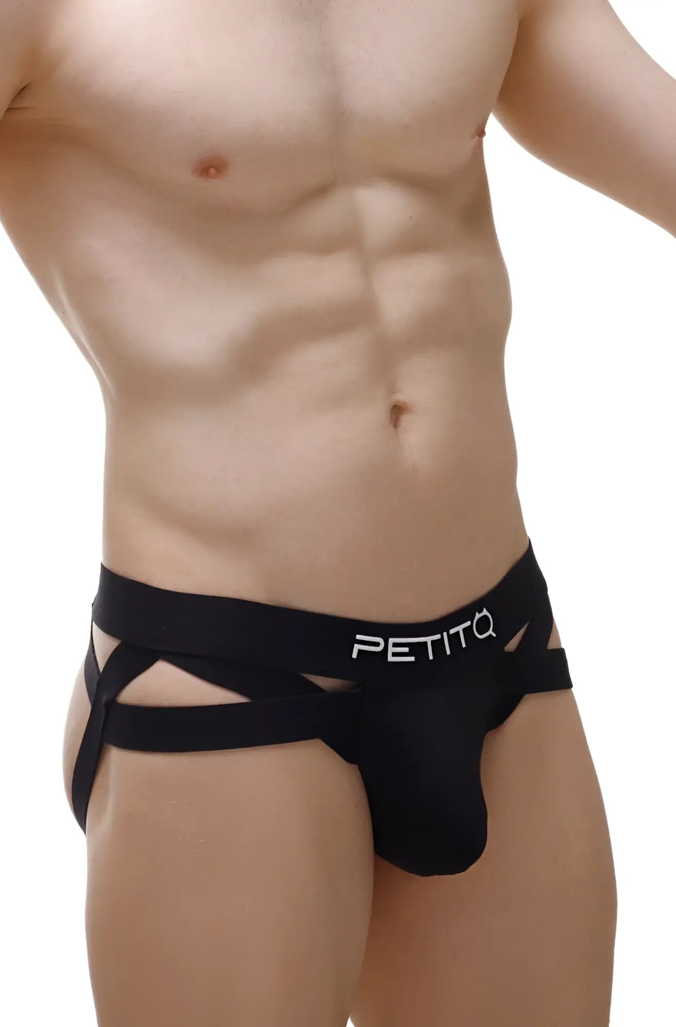 Black PetitQ jock thong briefs with a sleek form-fitting design and distinctive crisscross straps in soft fabric