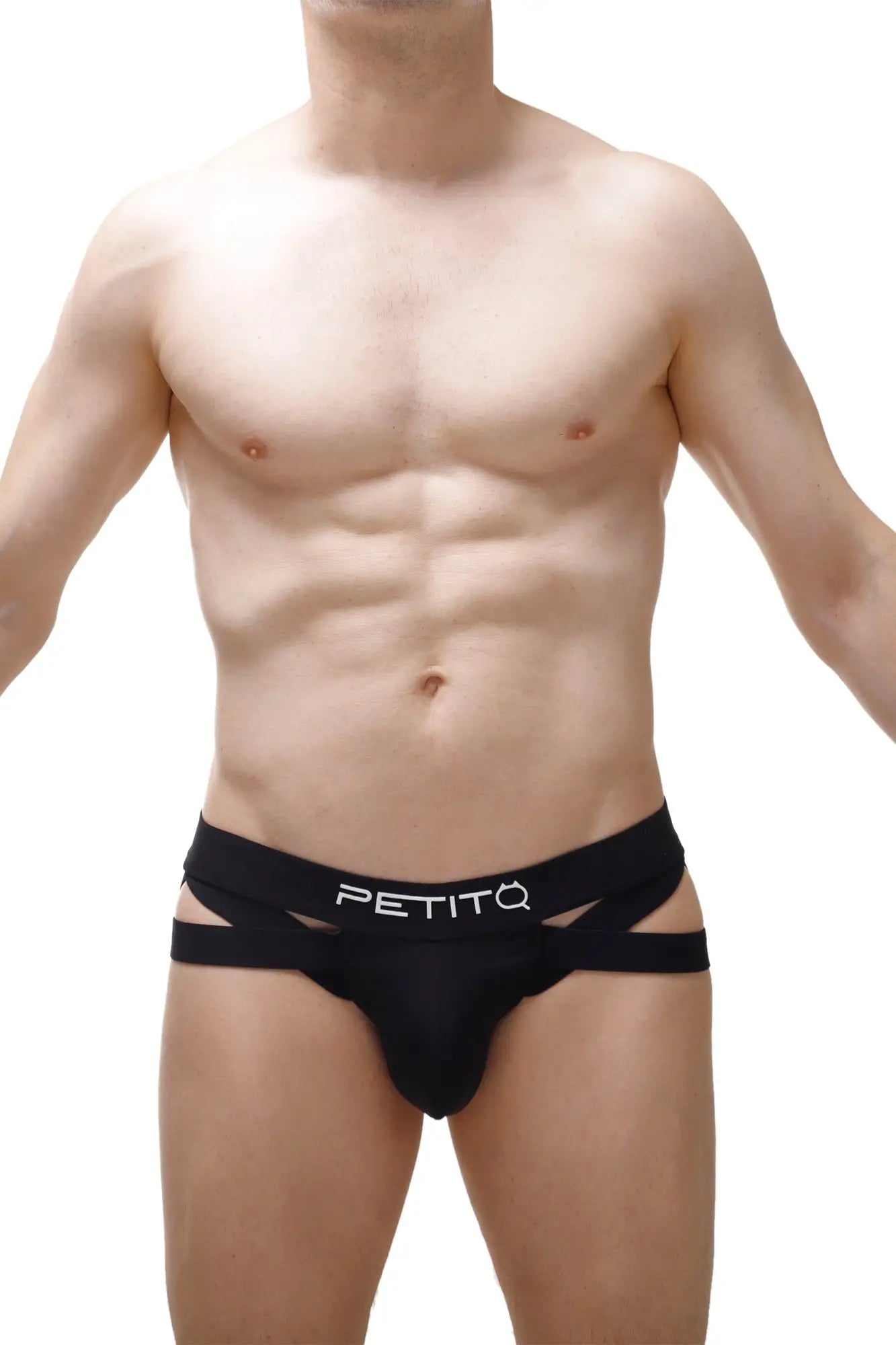 Black petitq jockthong briefs with cut-out side panels featuring a sleek modern design