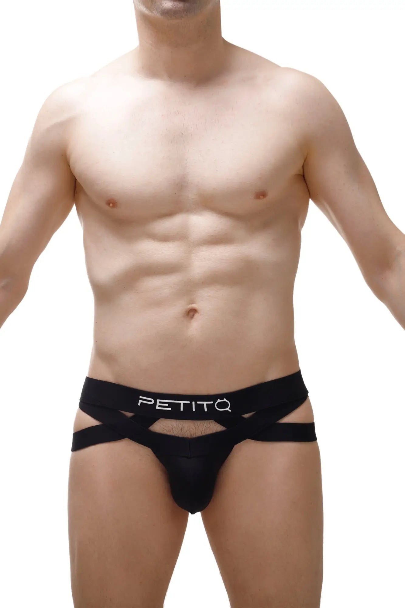 Black petitq jockthong briefs with crisscross design and white petitq logo on waistband front view
