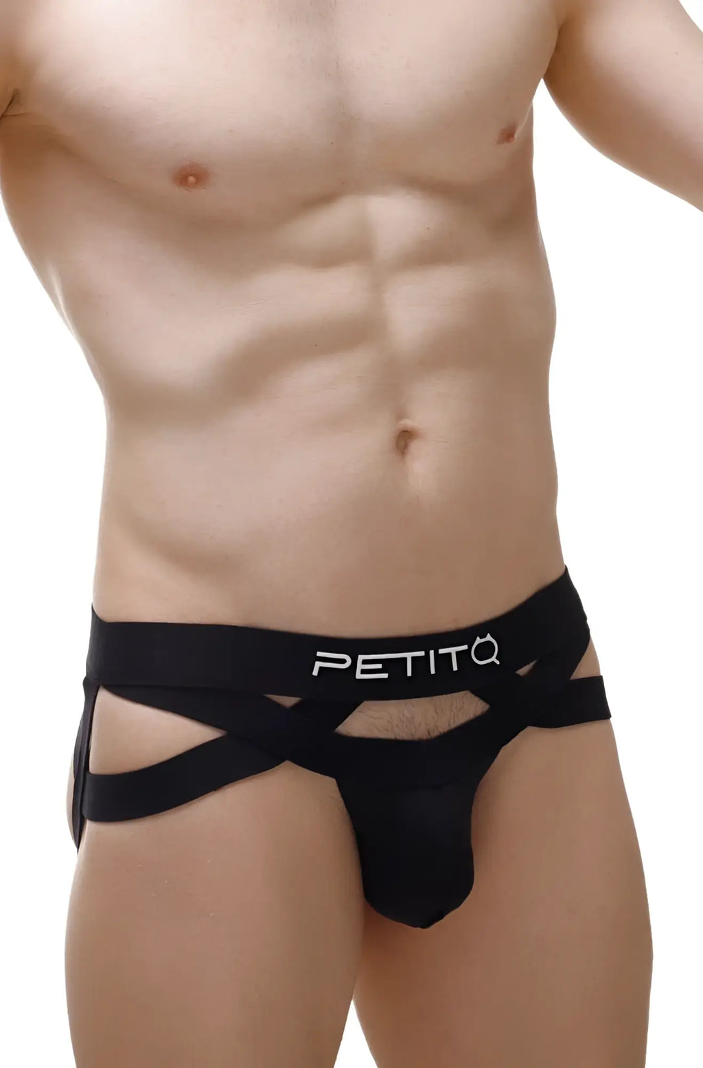 Black PetitQ jockthong bust mens briefs with crisscross design and elastic waistband for comfortable support