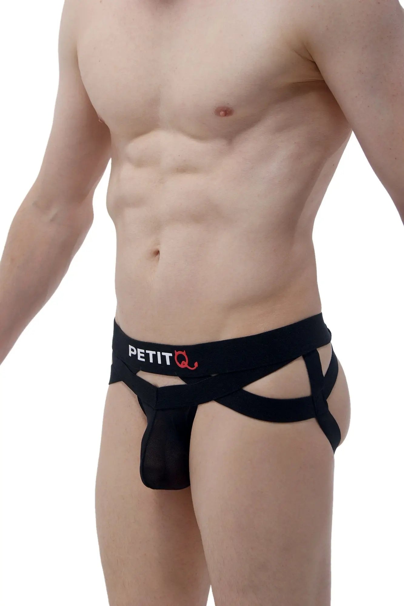 Black petitq men’s briefs with mesh front panel and crisscrossing side straps from petitq jockthong bust net collection