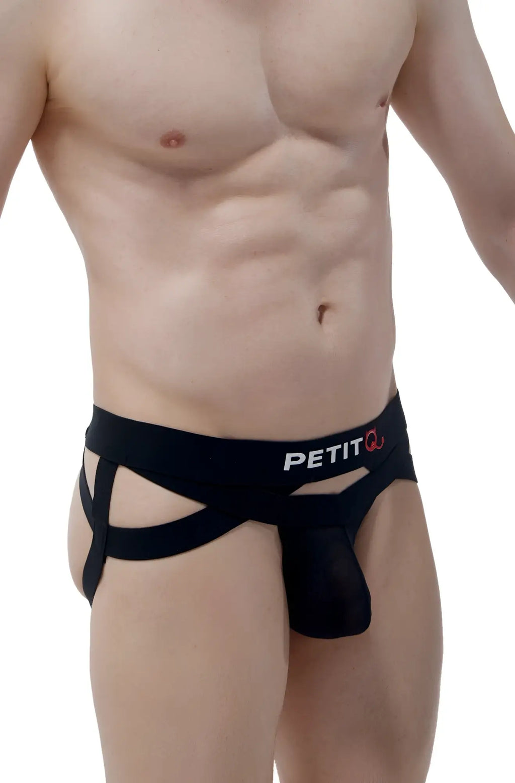 Black petitq mens briefs with mesh front panel and crisscross side straps from petitq jockthong bust net collection