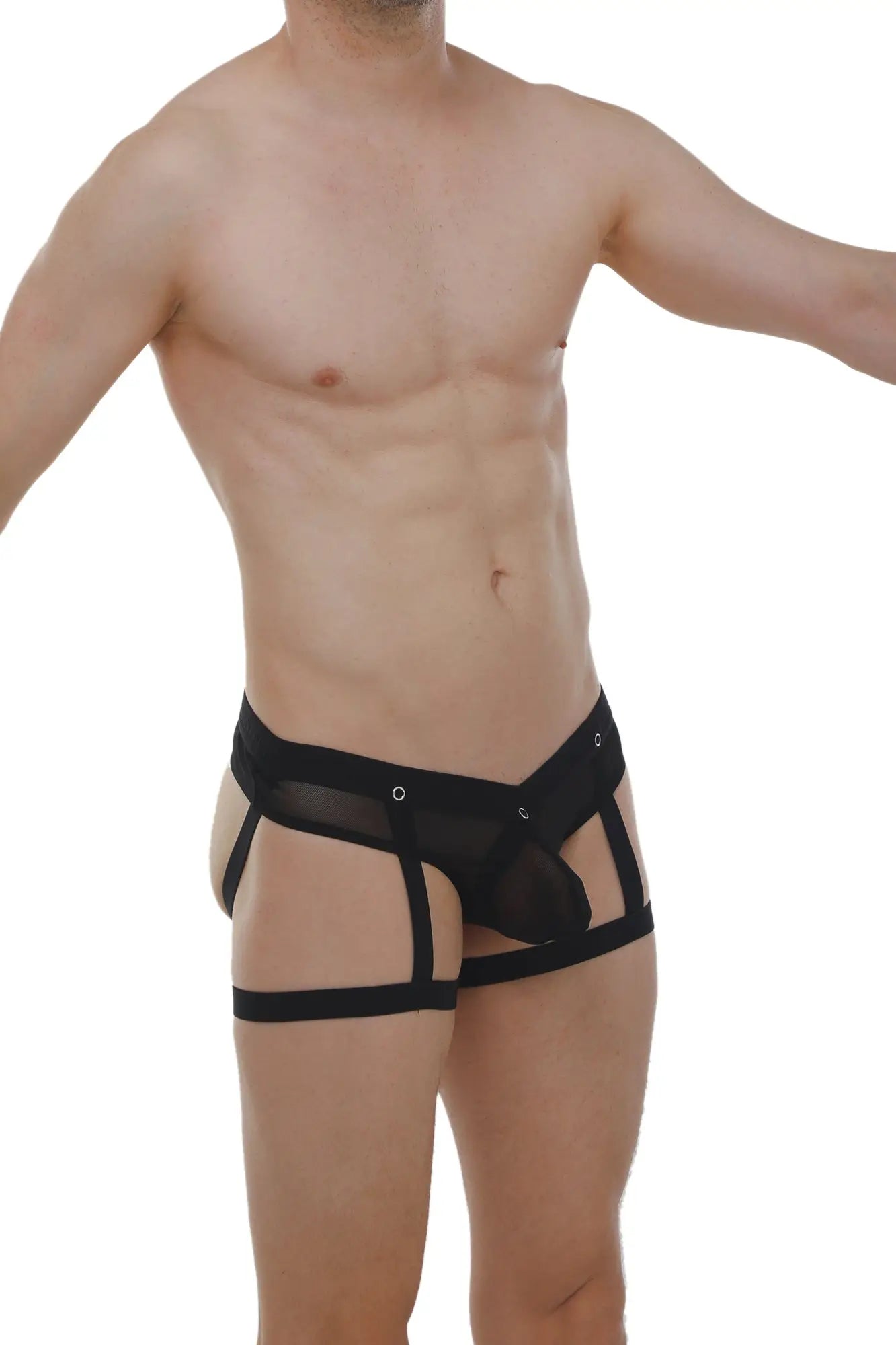 Petitq jockthong garter net black briefs with ring featuring black mesh and fabric with strappy supportive design